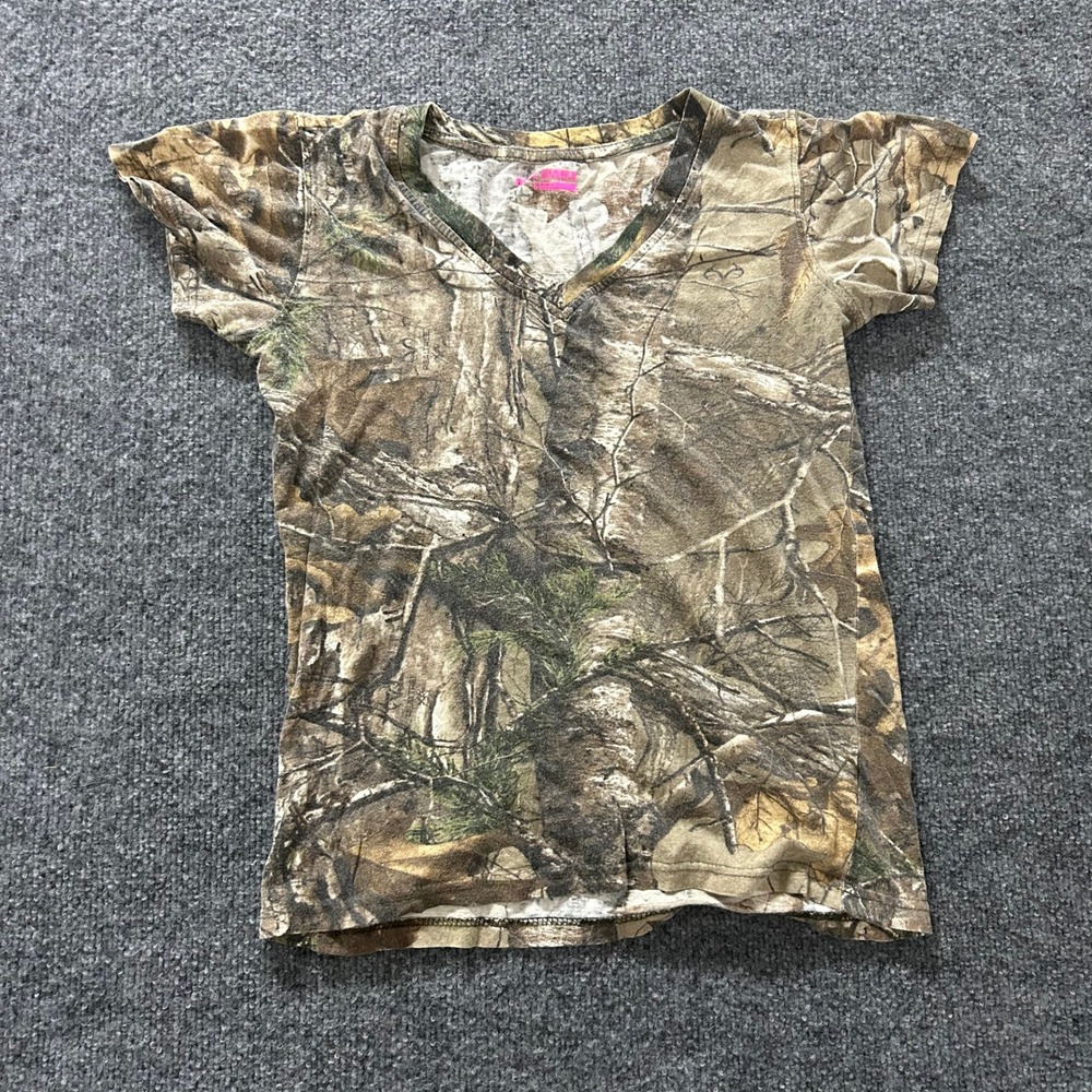 Game Winner T-Shirt Womens Size S Camo V-Neck Short Sleeve Outdoor Hunting Top